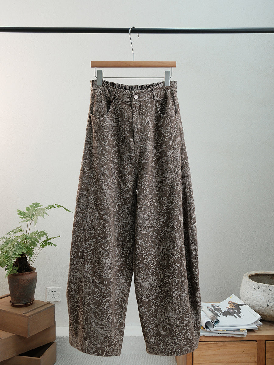 Women Autumn Retro Flower Denim Straight Pants