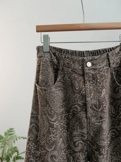 Women Autumn Retro Flower Denim Straight Pants