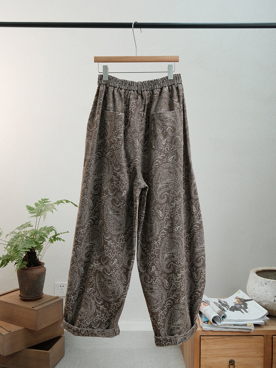 Women Autumn Retro Flower Denim Straight Pants