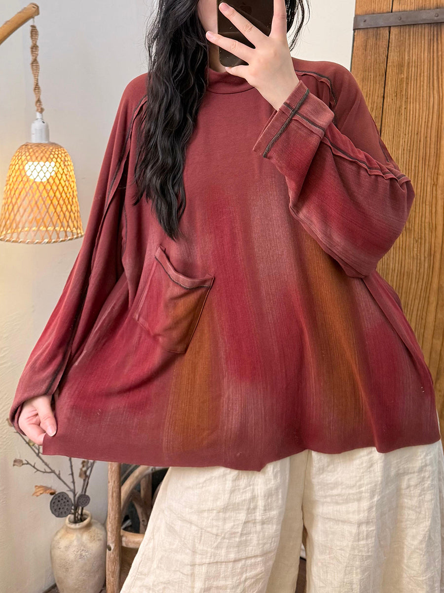 Women Autumn Retro Gradient Color Half-Turtleneck Blouse