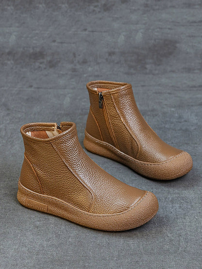 Women Genuine Leather Zipper Flat Ankle Boots