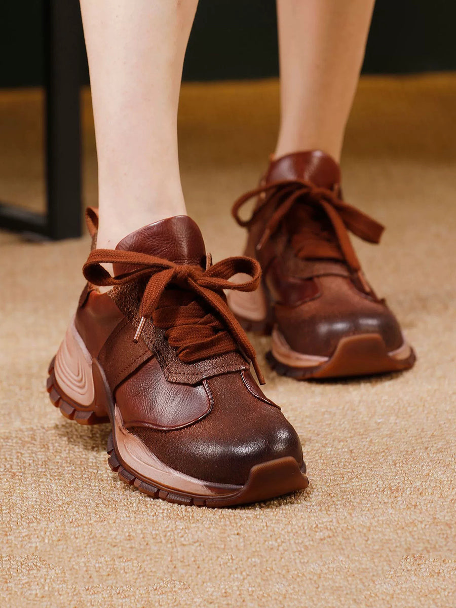 Women Vintage Genuine Leather Platform Sport Shoes