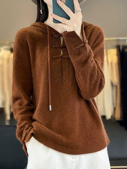 Women Autumn Artsy Kniited Hooded Sweater