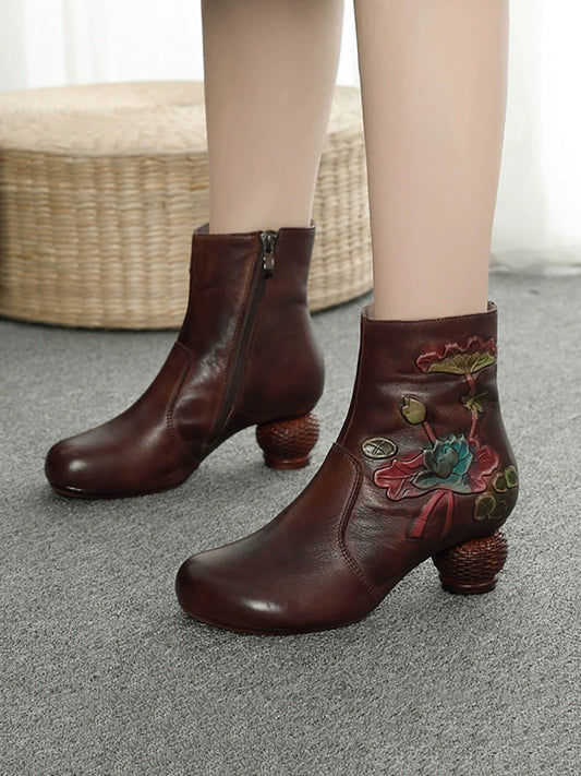 Women Vintage Flower Genuine Leather Mid Heel Ankle Boots