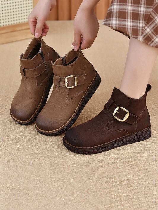Women Vintage Genuine Leather Low Heel Ankle Boots