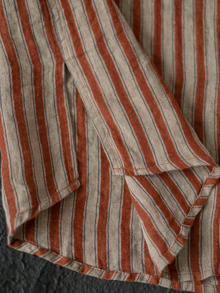 Plus Size Women Autumn Retro Stripe 100%Linen V-Neck Shirt