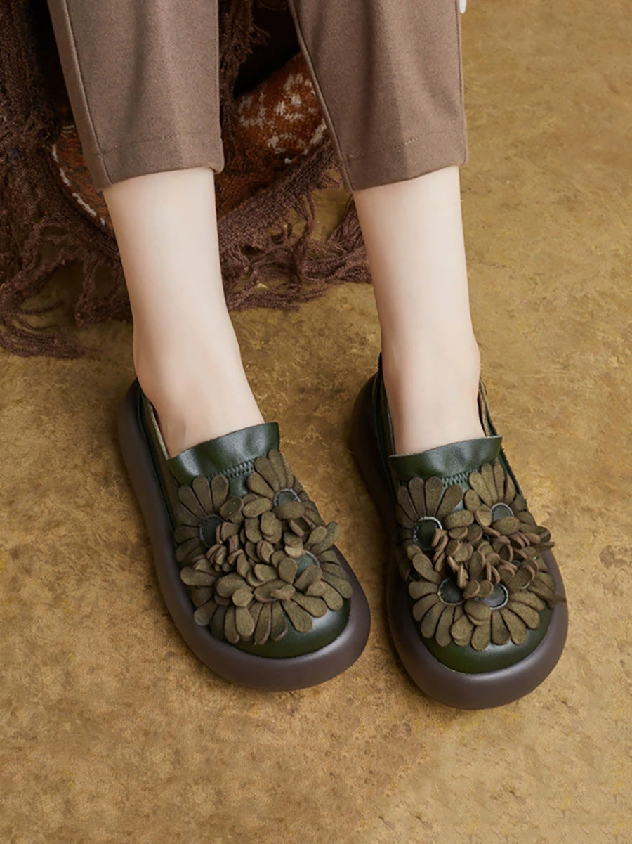 Women Vintage Flower Spliced Genuine Leather Platfrom Shoes