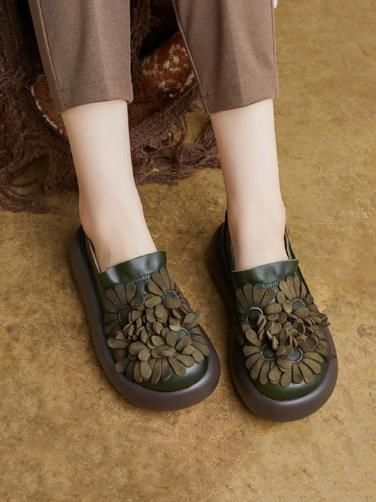 Women Vintage Flower Spliced Genuine Leather Platfrom Shoes