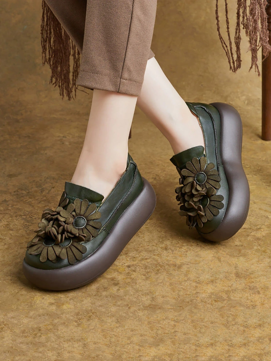 Women Vintage Flower Spliced Genuine Leather Platfrom Shoes
