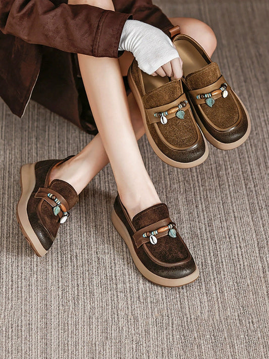 Women Vintage Genuine Leather Beads Platform Shoes