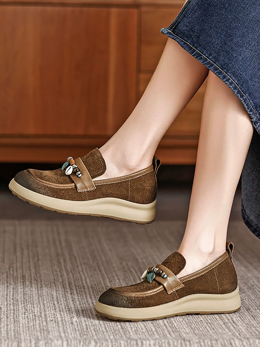 Women Vintage Genuine Leather Beads Platform Shoes