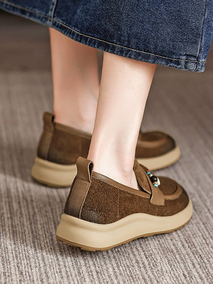 Women Vintage Genuine Leather Beads Platform Shoes
