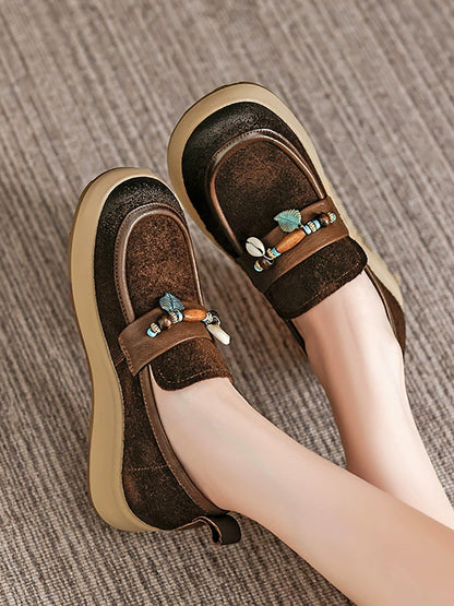 Women Vintage Genuine Leather Beads Platform Shoes