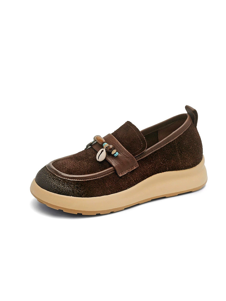 Women Vintage Genuine Leather Beads Platform Shoes