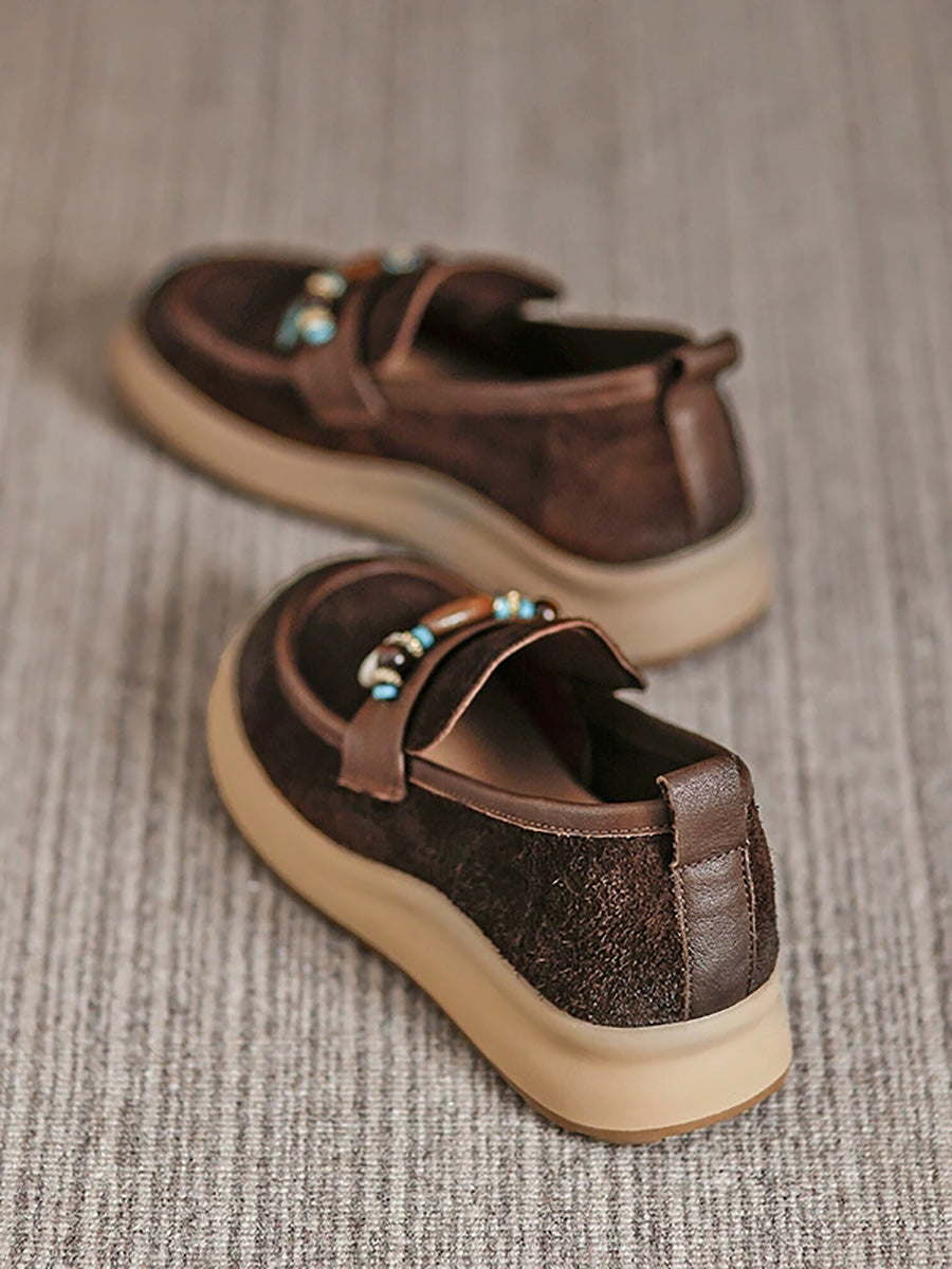 Women Vintage Genuine Leather Beads Platform Shoes