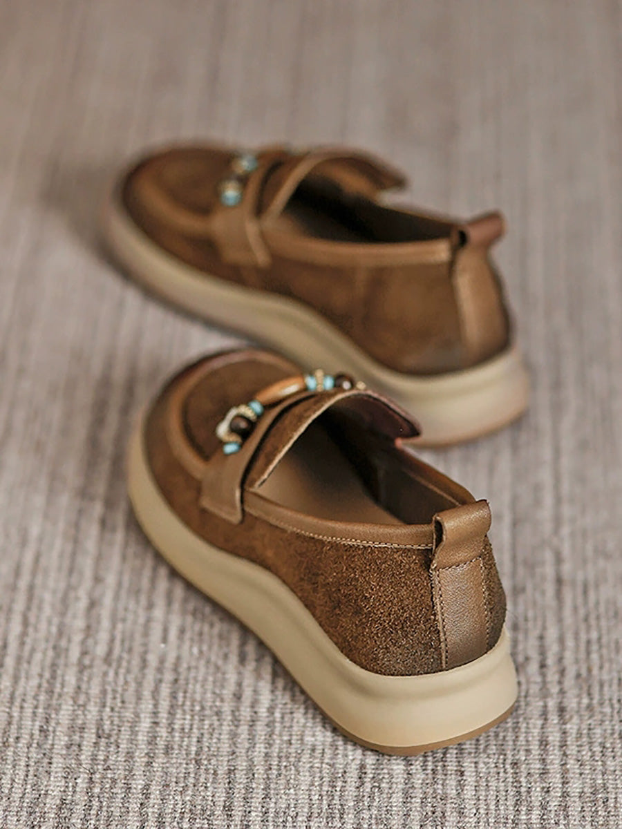 Women Vintage Genuine Leather Beads Platform Shoes