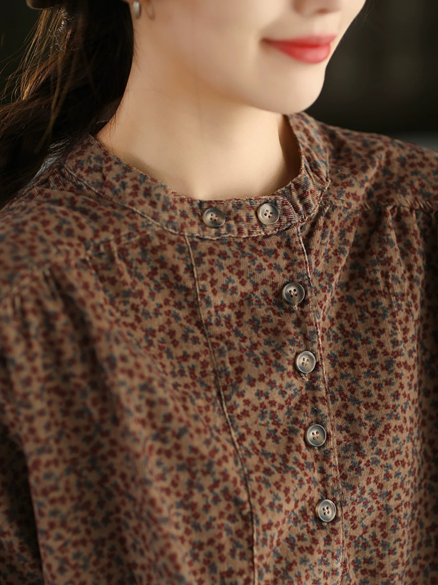 Women Autumn 100%Cotton Floral Stand Collar Shirt