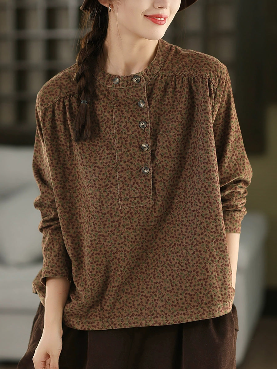 Women Autumn 100%Cotton Floral Stand Collar Shirt