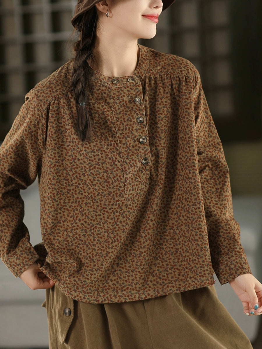 Women Autumn 100%Cotton Floral Stand Collar Shirt