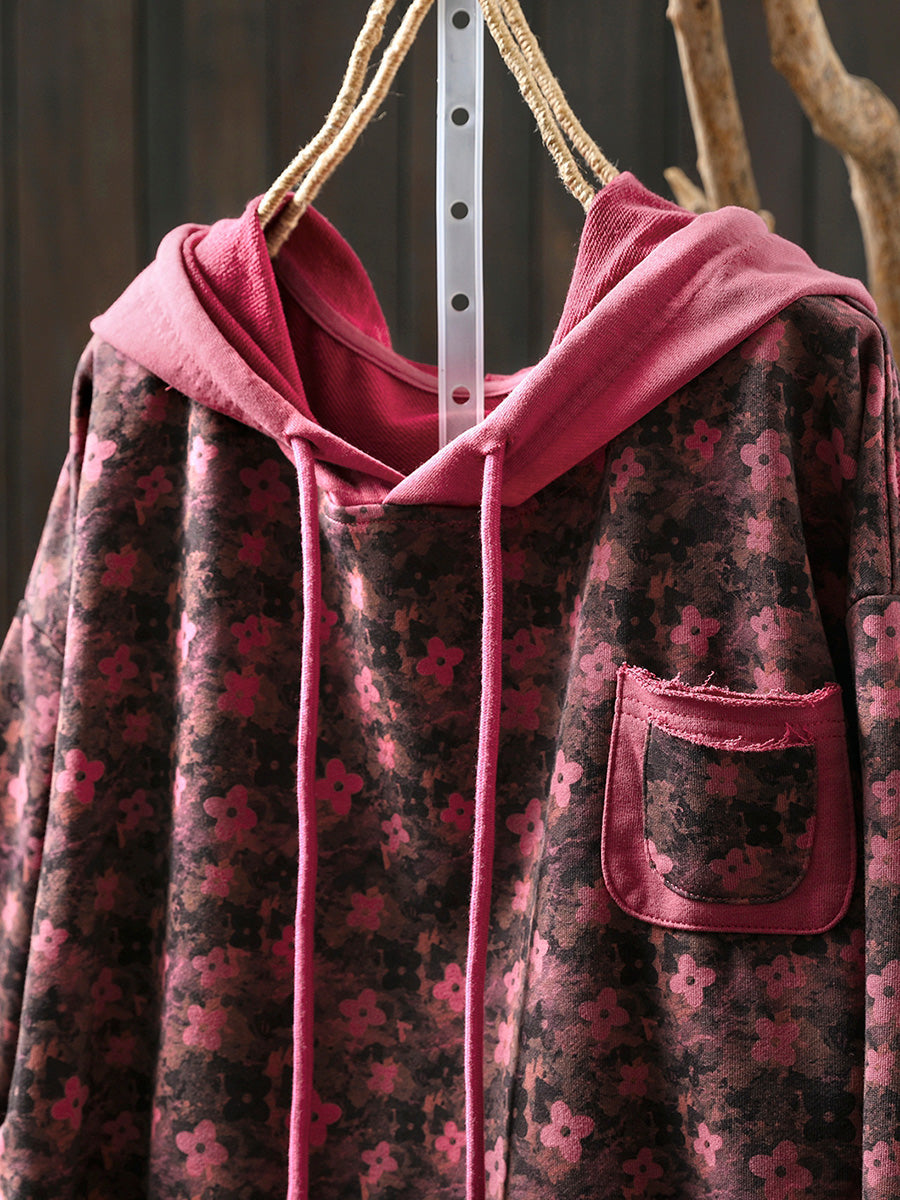 Women Autumn Flower Hooded 100%Cotton Sweatshirt