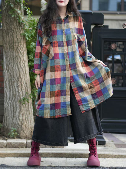 Women Autumn Plaid 100%Cotton Turn-down Collar Shirt