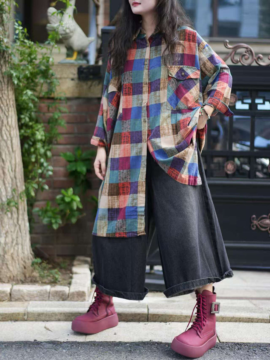 Women Autumn Plaid 100%Cotton Turn-down Collar Shirt