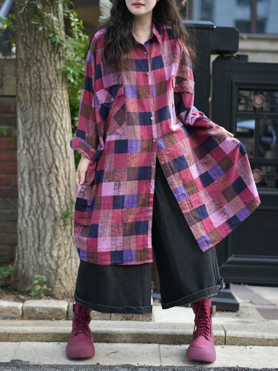 Women Autumn Plaid 100%Cotton Turn-down Collar Shirt