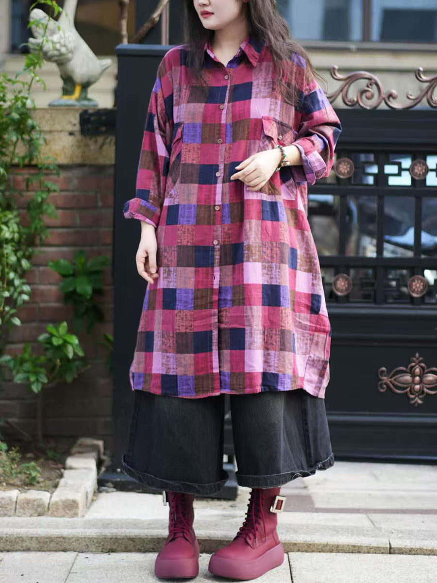 Women Autumn Plaid 100%Cotton Turn-down Collar Shirt