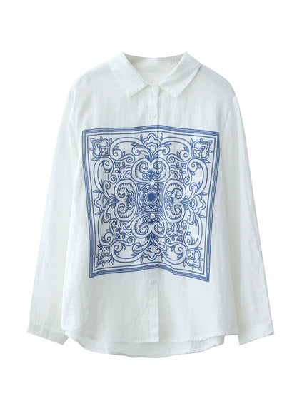 Women Autumn Artsy Flower 100%Cotton Turn-down Collar Shirt