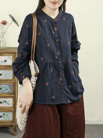 Women Autumn Vintage Embroidery 100%Cotton Stand Collar Shirt
