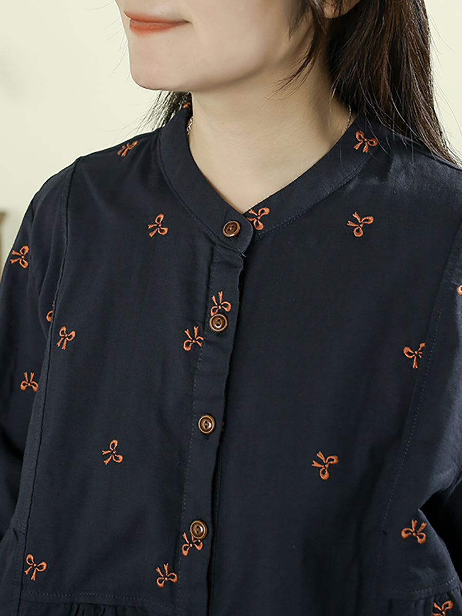 Women Autumn Vintage Embroidery 100%Cotton Stand Collar Shirt