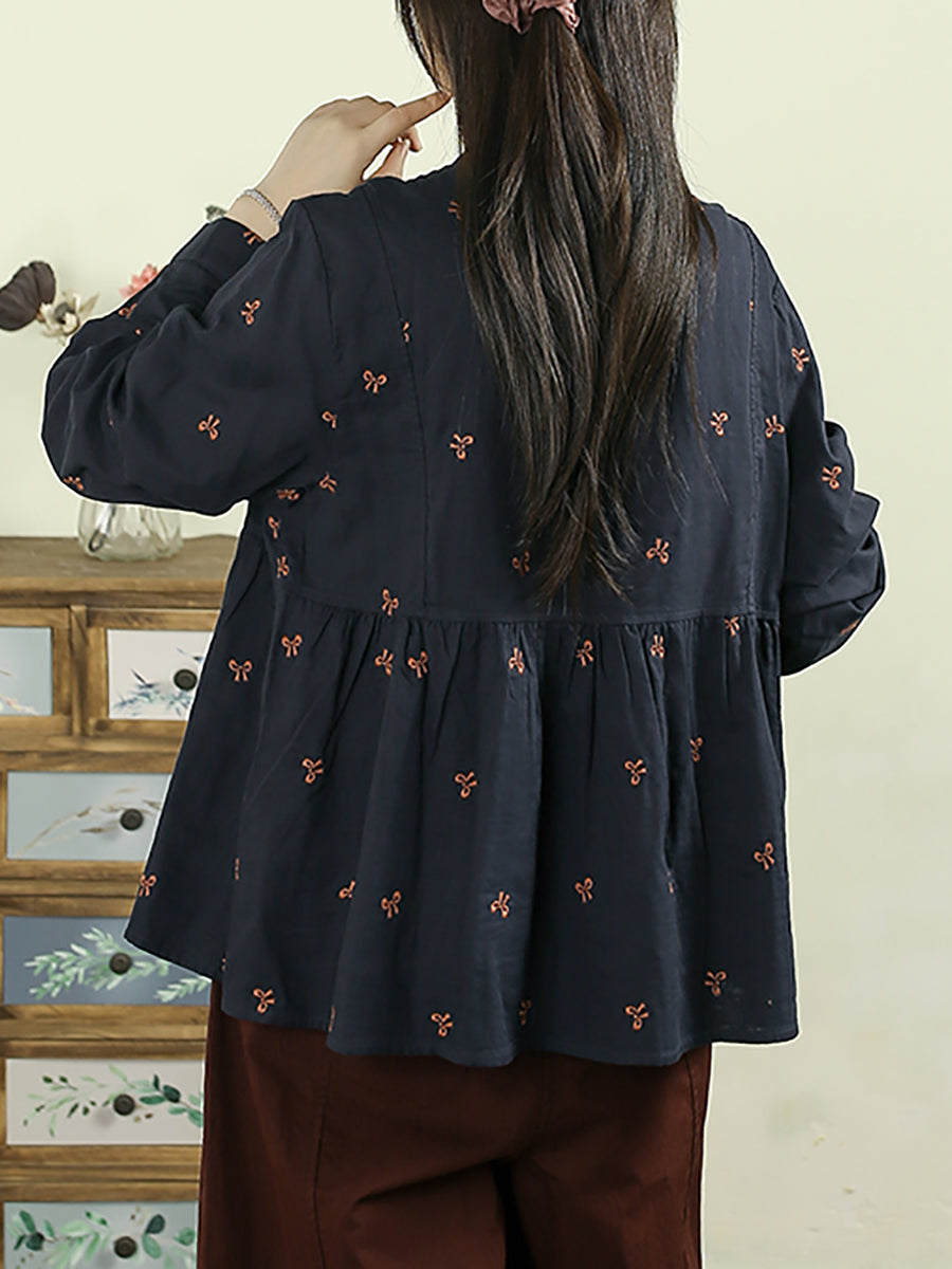 Women Autumn Vintage Embroidery 100%Cotton Stand Collar Shirt