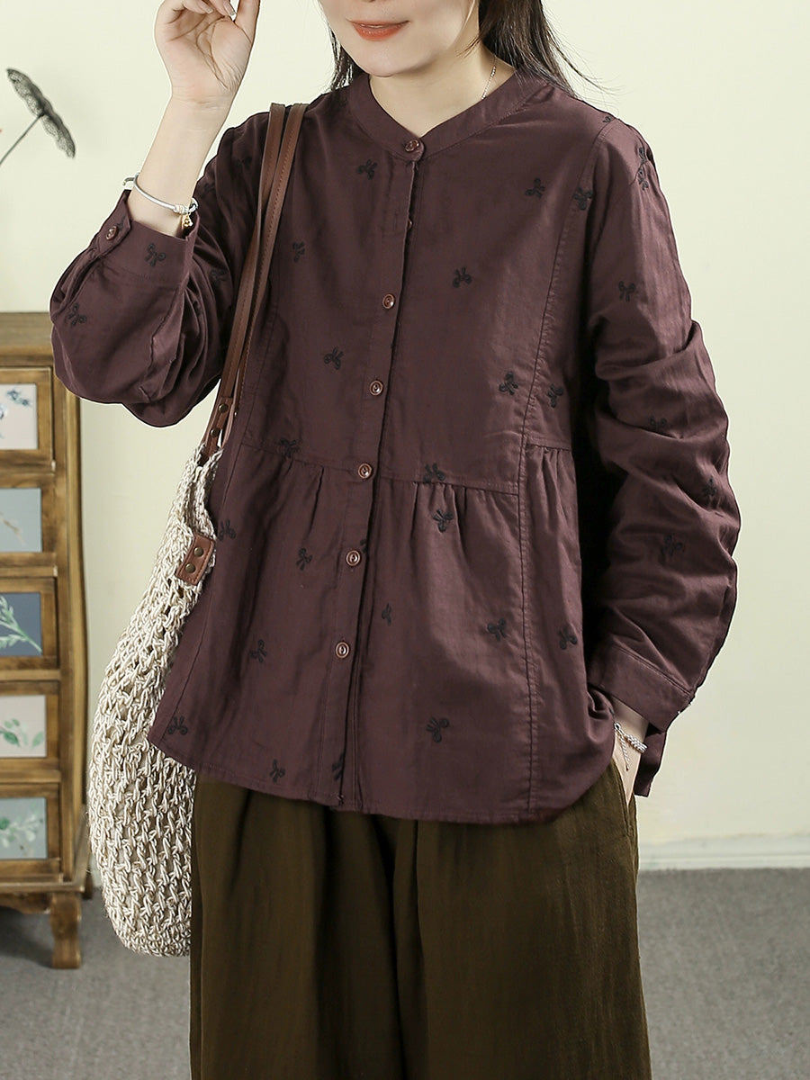 Women Autumn Vintage Embroidery 100%Cotton Stand Collar Shirt