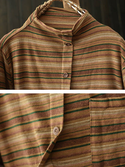 Women Autumn Casual Stripe Turtleneck Cotton Blouse