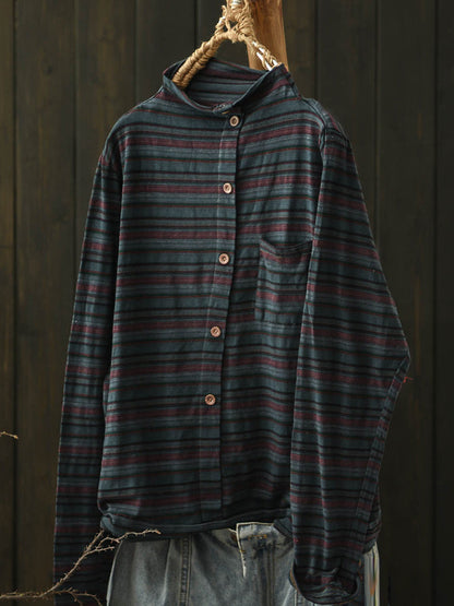 Women Autumn Casual Stripe Turtleneck Cotton Blouse
