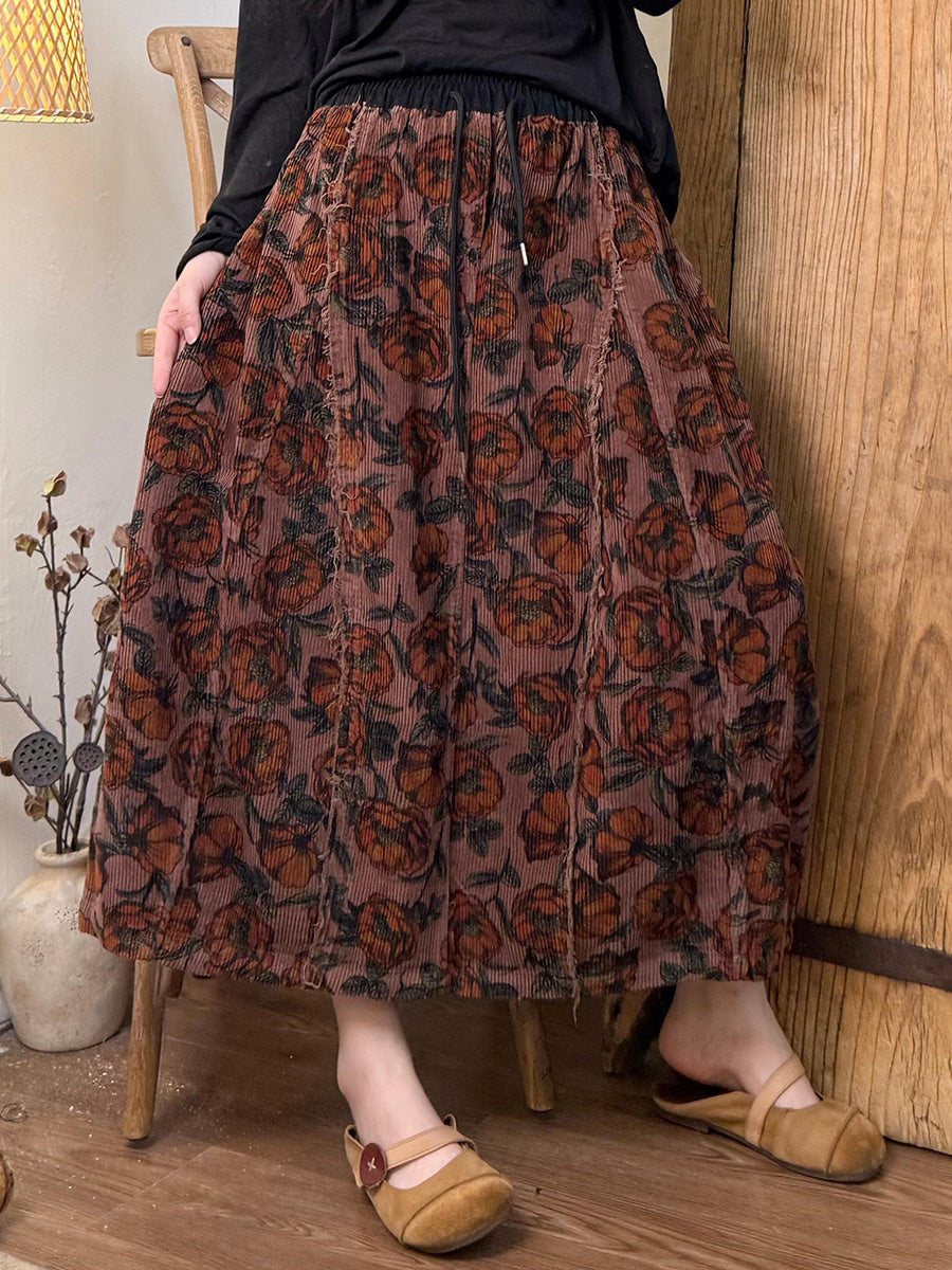 Women Autumn Flower Spliced Croduroy A-Shape Skirt