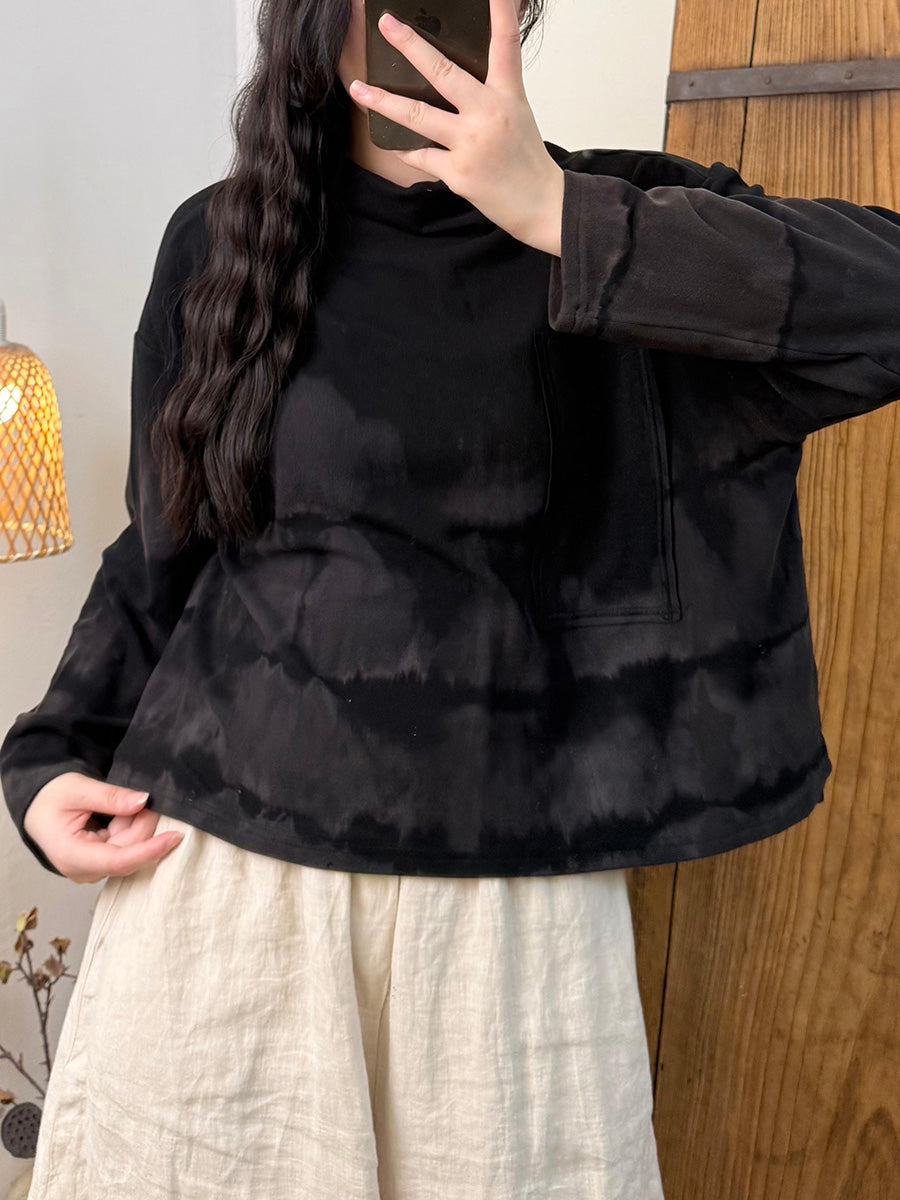 Women Autumn Retro Tie-dye Turtleneck Cotton Blouse