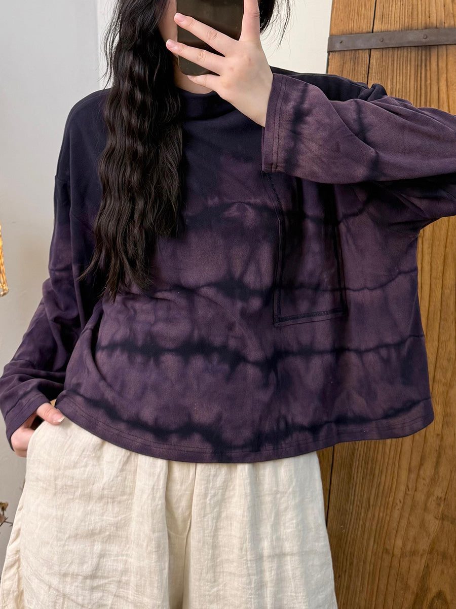 Women Autumn Retro Tie-dye Turtleneck Cotton Blouse