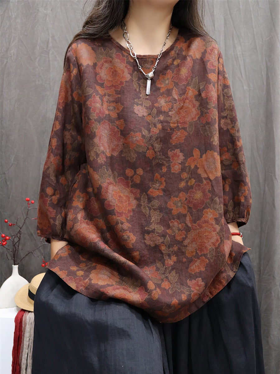 Women Autumn Retro Flower 100%Linen O-Neck Shirt