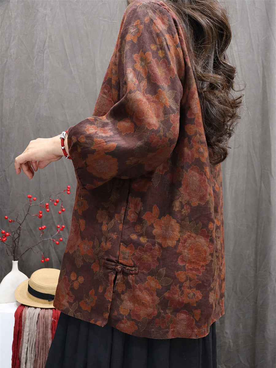 Women Autumn Retro Flower 100%Linen O-Neck Shirt