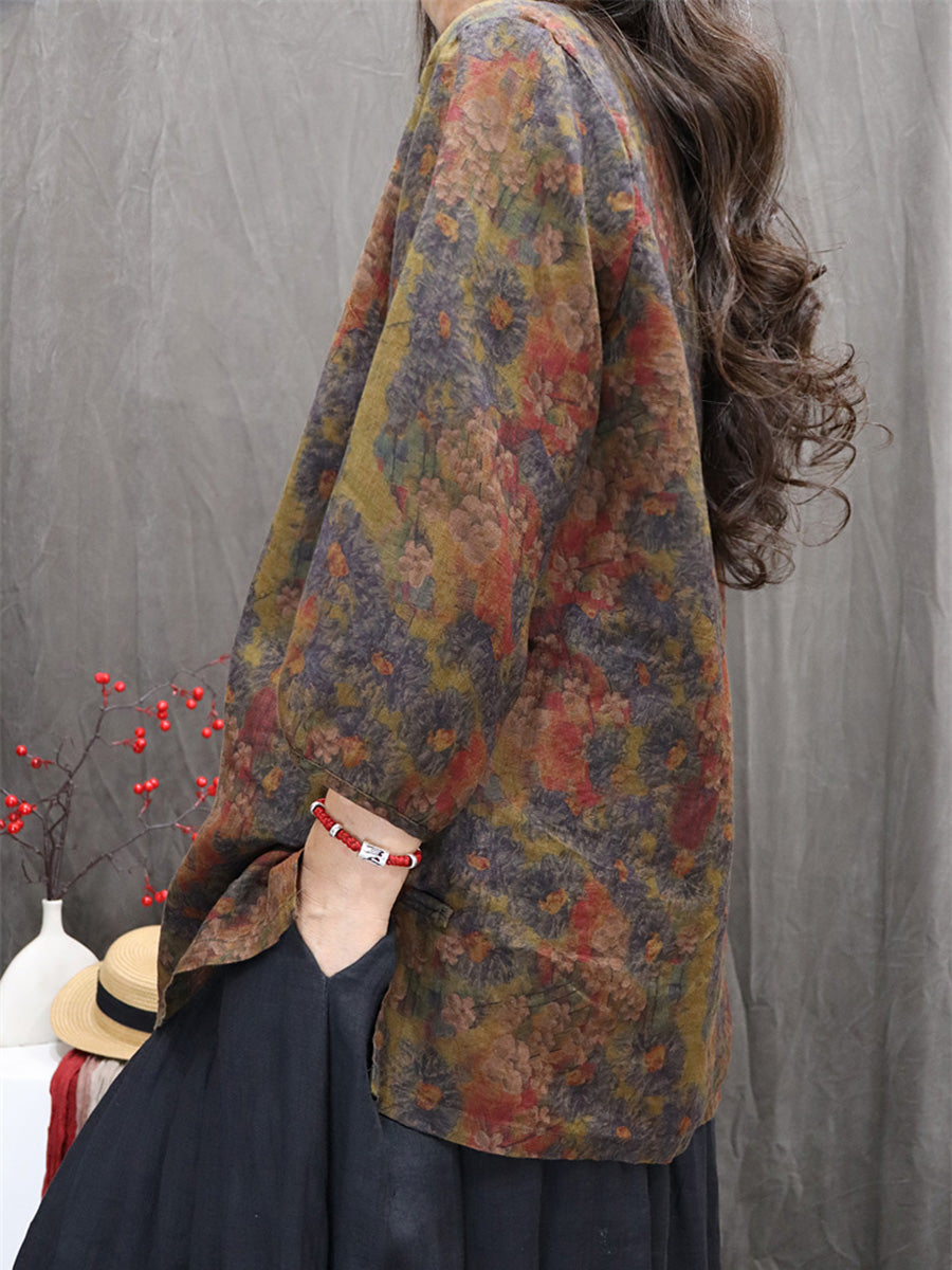 Women Autumn Retro Flower 100%Linen O-Neck Shirt