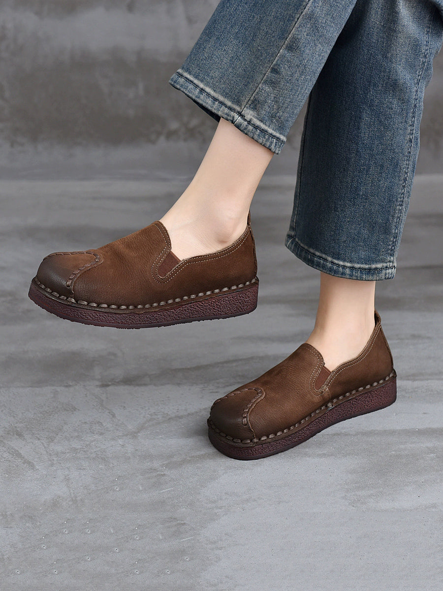 Women Retro Genuine Leather Spliced Flat Shoes