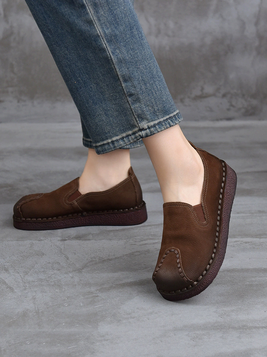 Women Retro Genuine Leather Spliced Flat Shoes