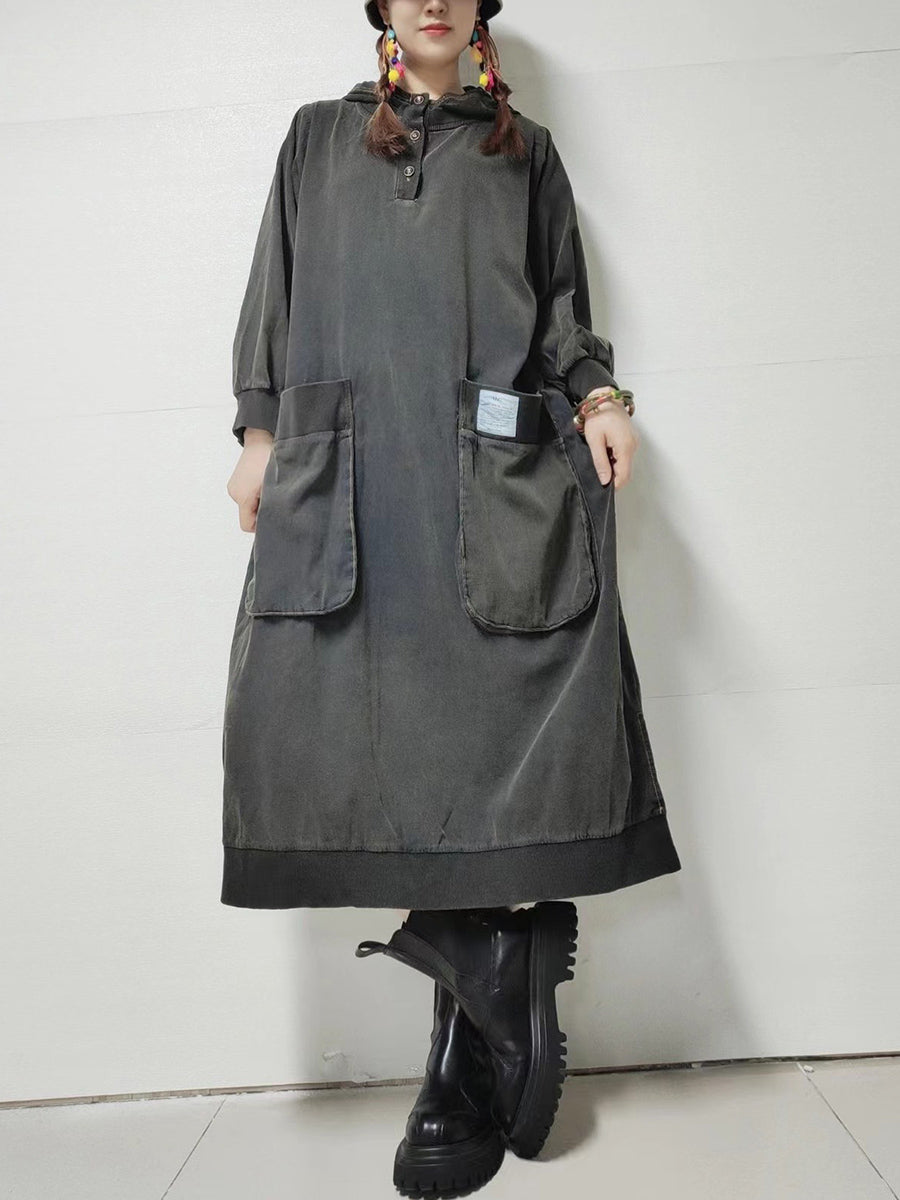 Women Autumn Retro Pure Color Denim Hooded Dress