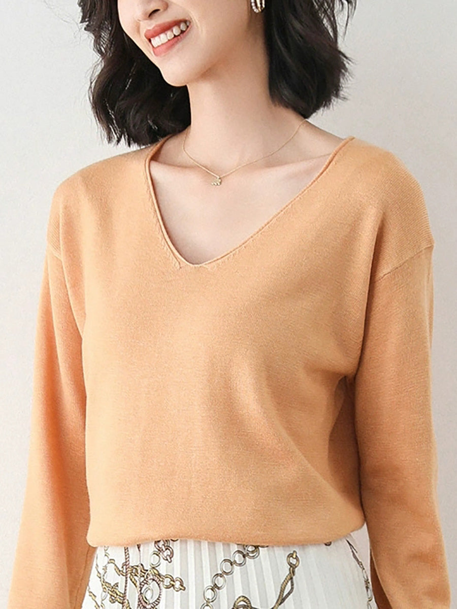 Women Autumn Casual Knitted Wool V-Neck Sweater