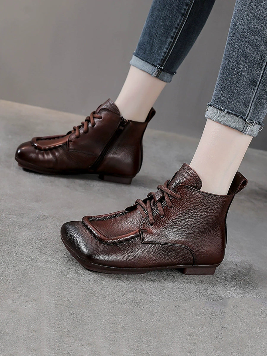 Women Vintage Genuine Leather Spliced Low Heel Boots