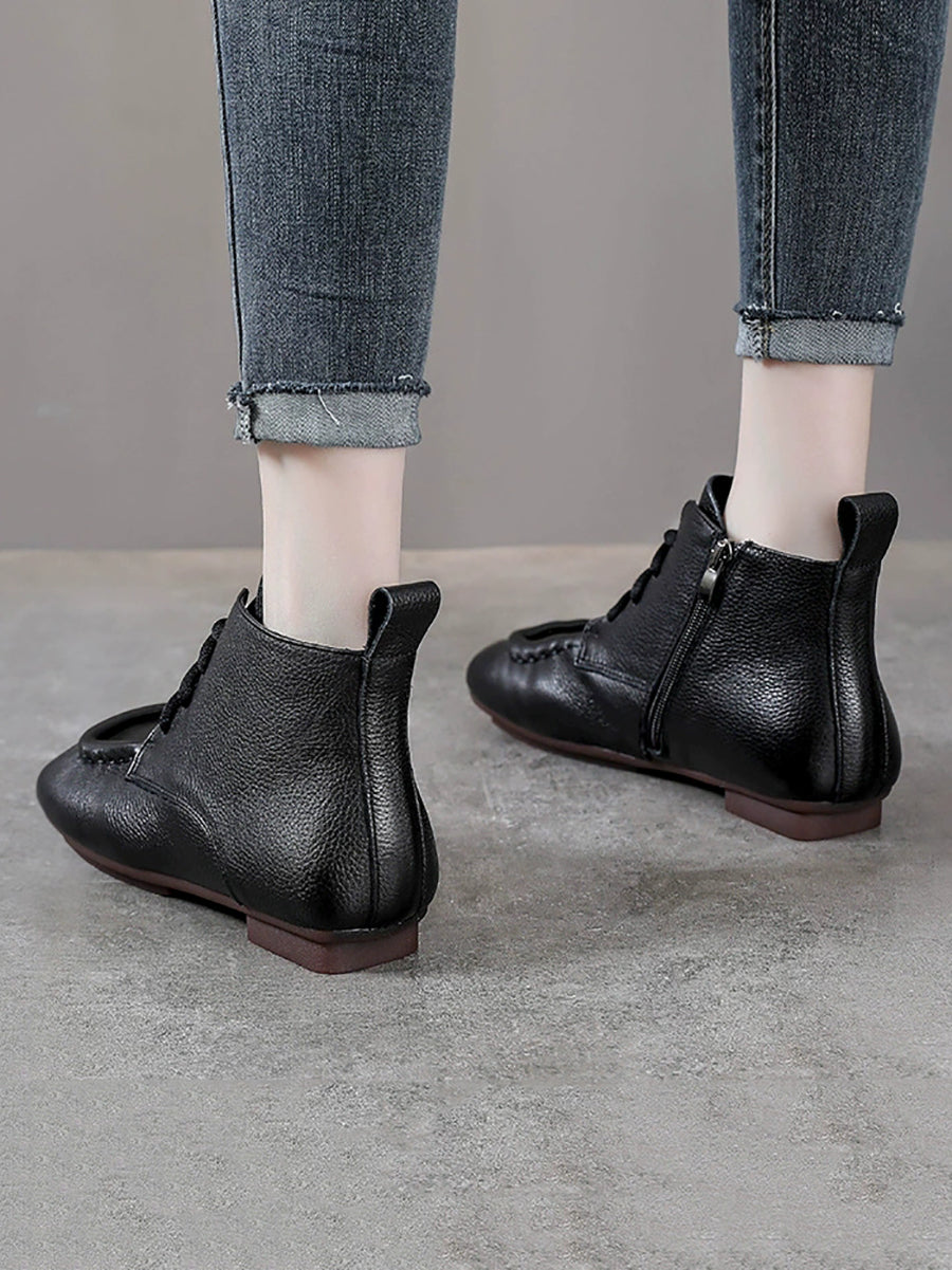 Women Vintage Genuine Leather Spliced Low Heel Boots