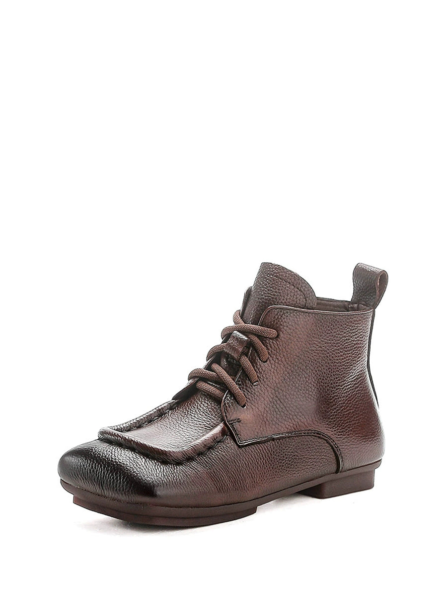 Women Vintage Genuine Leather Spliced Low Heel Boots