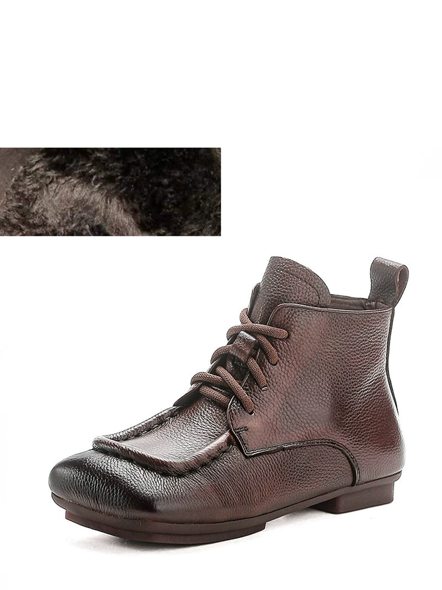 Women Vintage Genuine Leather Spliced Low Heel Boots