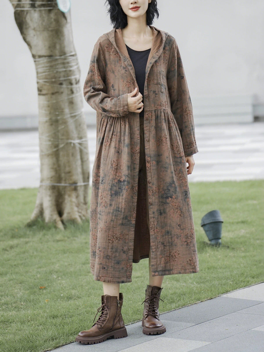 Women Autumn Retro Flower Linen Hooded Long Coat